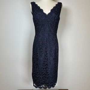 Adrianna Papell Navy Shimmer Embroidered Lace Short Formal Dress Size 4